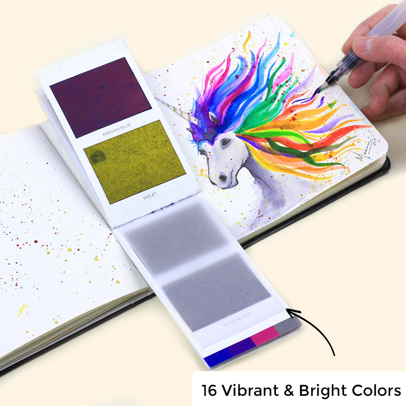 Ideal Watercolor Painting Kit - 16 Vibrant Colors with Waterbrush.
