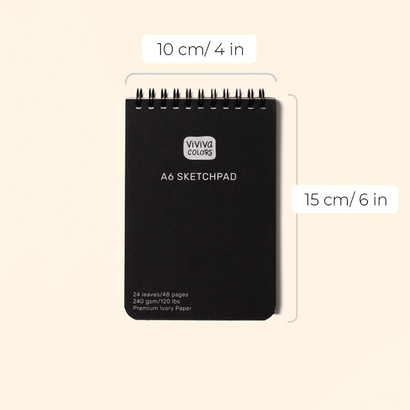 A6 size Plain white & smooth Ivory drawing pad with 64 pages that are 120 lbs or 300 GSM thick. It is perfect for travel art