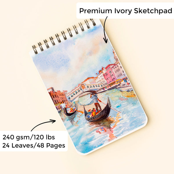 A6 size Plain white & smooth Ivory drawing pad with 64 pages that are 120 lbs or 300 GSM thick. It is perfect for travel art