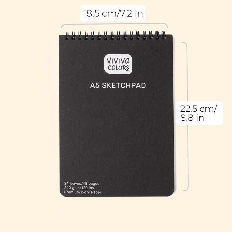 A5 size Plain white & smooth Ivory drawing pad with 64 pages that are 120 lbs or 300 GSM thick. It is perfect for travel art